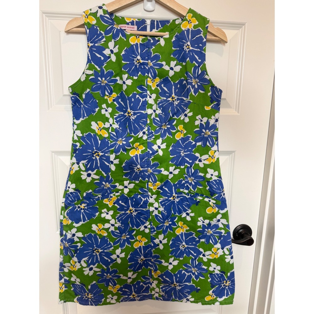 Kayce Hughes Floral Shift Dress Green Blue Yellow Cotton Pique Mini 3106 4
